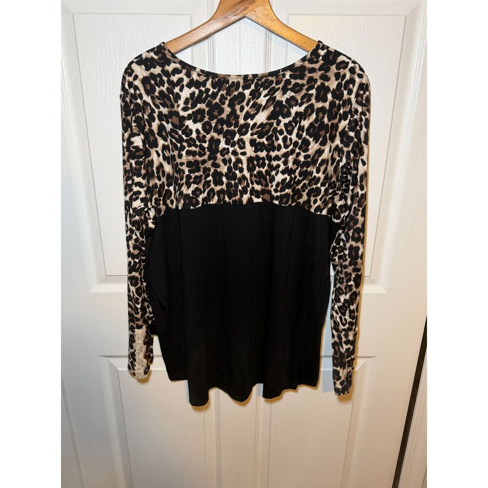 Acting Pro 3X Leopard Print Colorblock Long Sleeve Top Crochet Cuff
